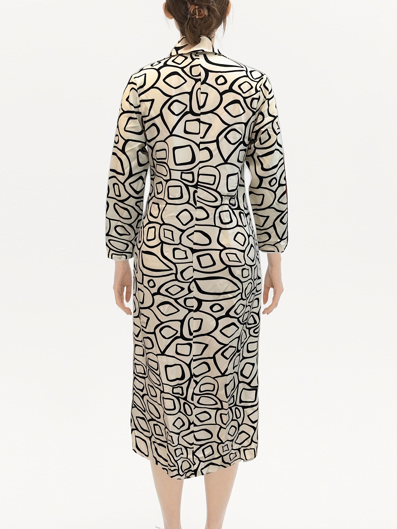 Graphic Print Maxi Dress Long Sleeve Ruched Dress With Collar