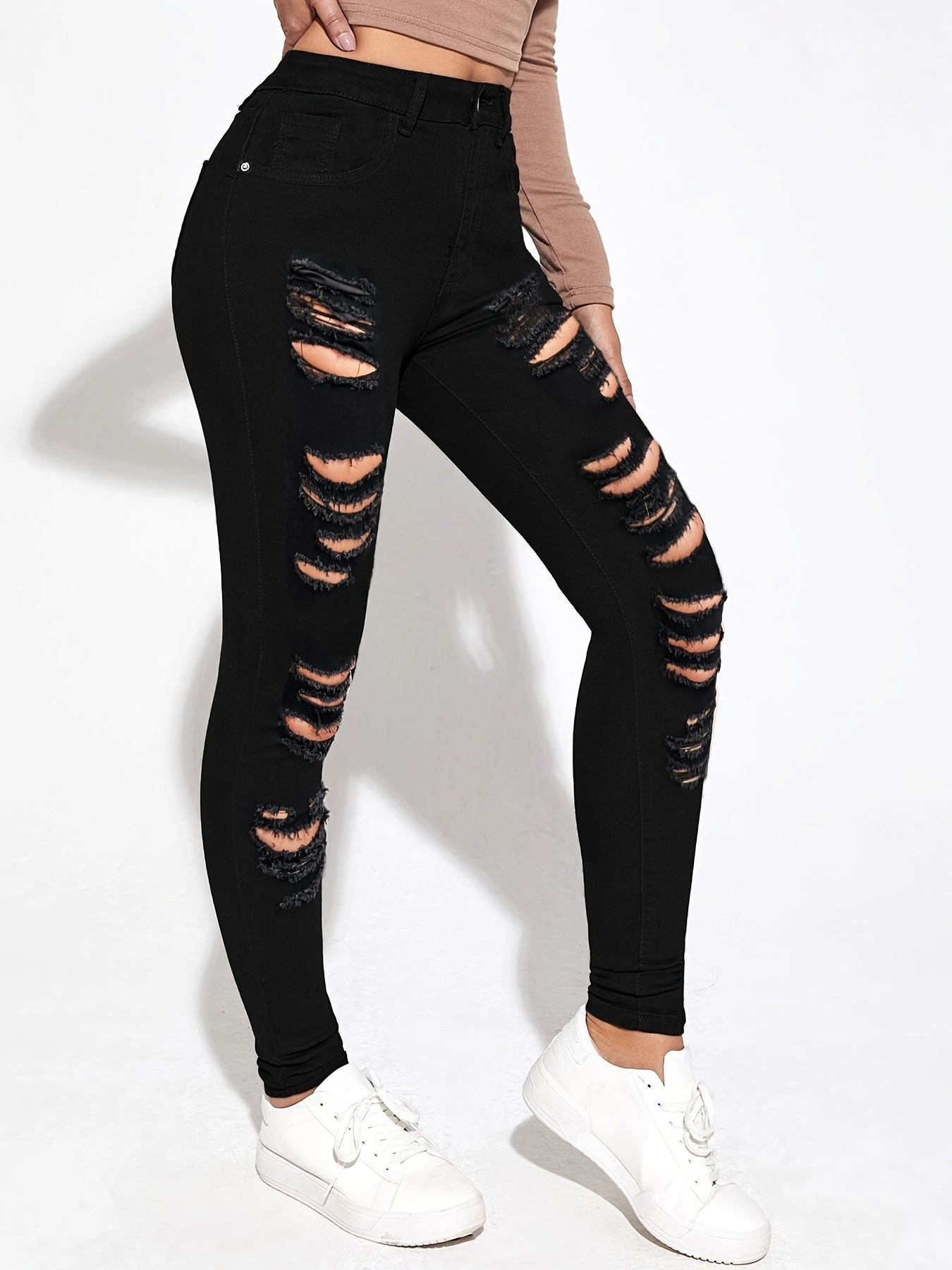 High Waist Distressed Skinny Jeans Ripped Holes Slim Fit Denim Pants