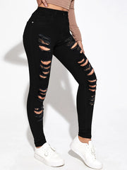 High Waist Distressed Skinny Jeans Ripped Holes Slim Fit Denim Pants