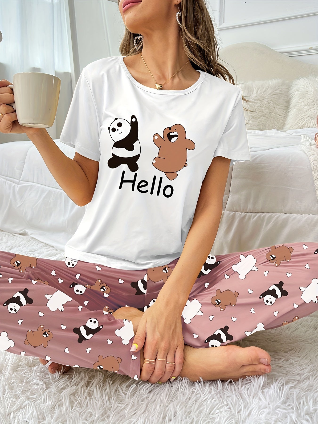 Bear Print Pajamas Set Short Sleeve Top & Shorts