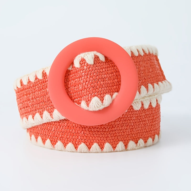 Candy Woven Belt Round Buckle Dress Belt Stylish Casual Straw Waist Belts