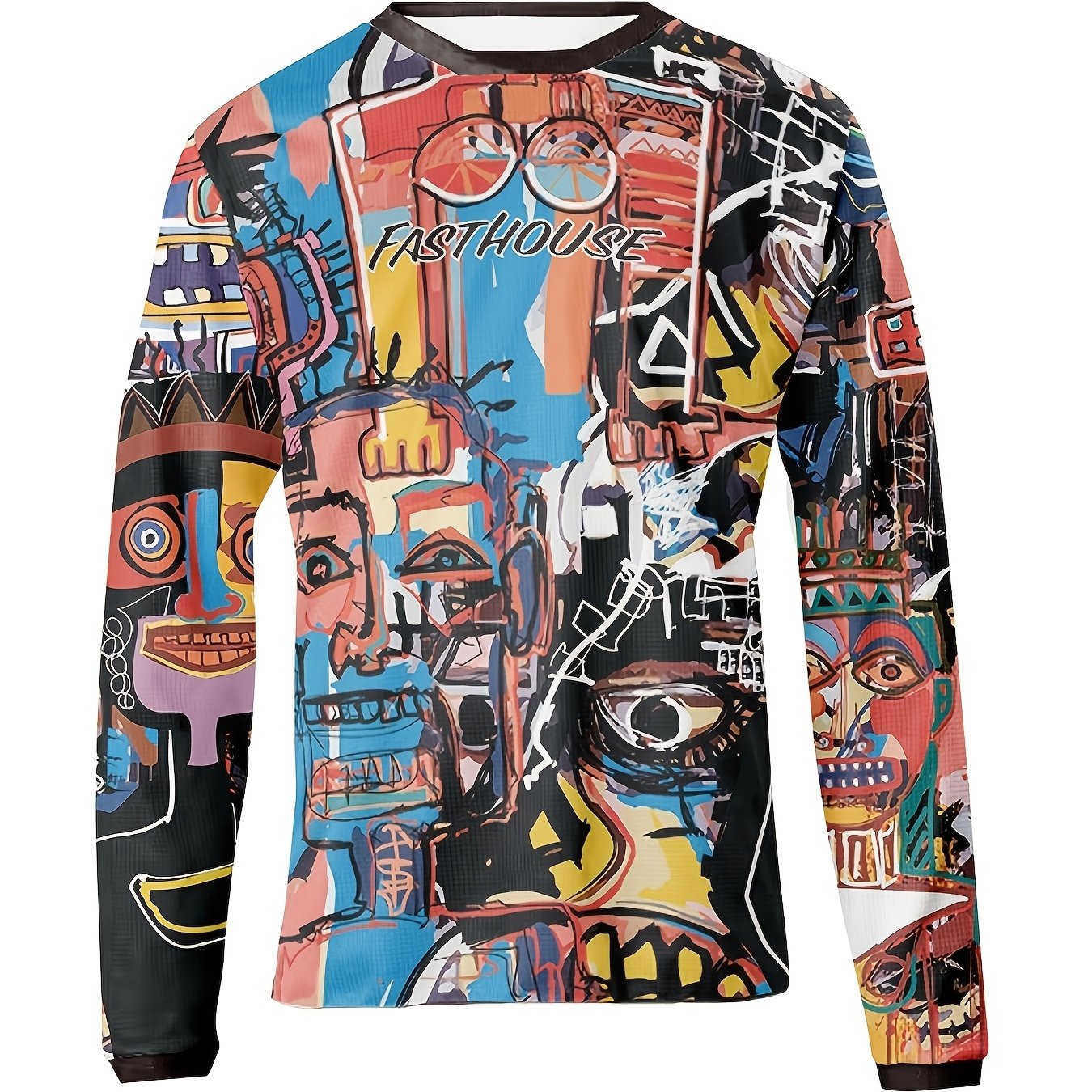 Men's Crew Collar Sports Long Sleeve T-shirt with Creative Graffiti Print