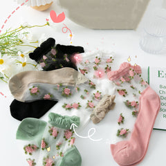 5 Pairs Floral Print Tulle Socks Lightweight & Breathable