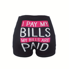 Letter Print Skinny Elastic Waist Shorts Women's Casual Clothing