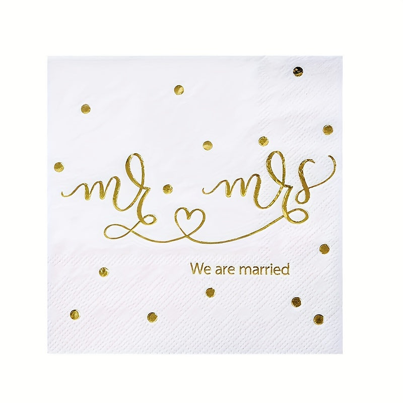 20pcs Mr & Mrs Wedding Cocktail Napkins Golden Foil - Wedding Shower Party Decor