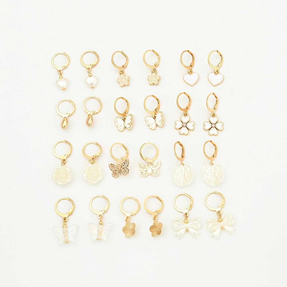 12pairs Funky Pearl Bow Flower Heart Earrings for Men Women