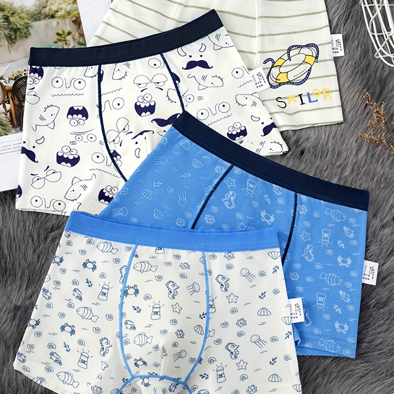 4pcs Boys Boxer Briefs Cotton Breathable Kids Panties Cartoon Striped Underwear