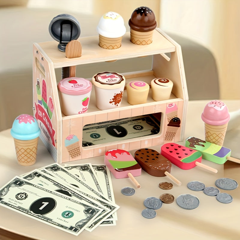Wooden Ice Cream Toy Playset for Kids, Ice Cream Shop Game Store Gift