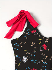 Floral Print Tie Shoulder V Neck One Piece Swimsuit