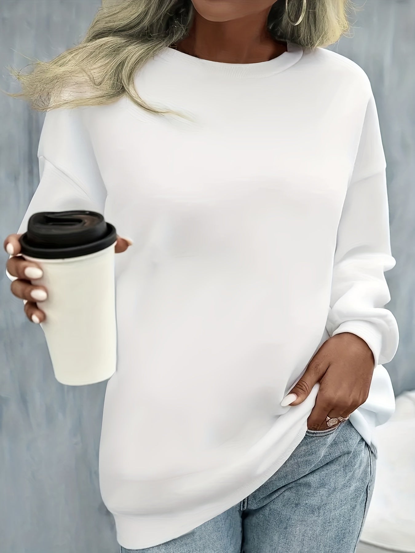 Solid Crew Neck Pullover Sweatshirt Women's Clothing