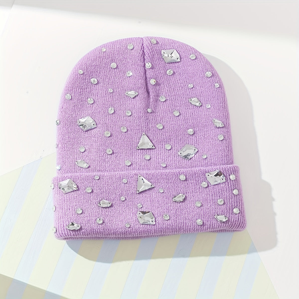Purple Rhinestone Decor Beanie Knit Hat