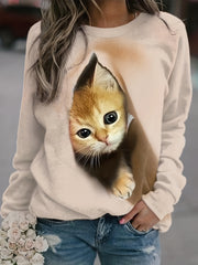 Cat Print Pullover Sweatshirt Long Sleeve Crew Neck Sweatshirt