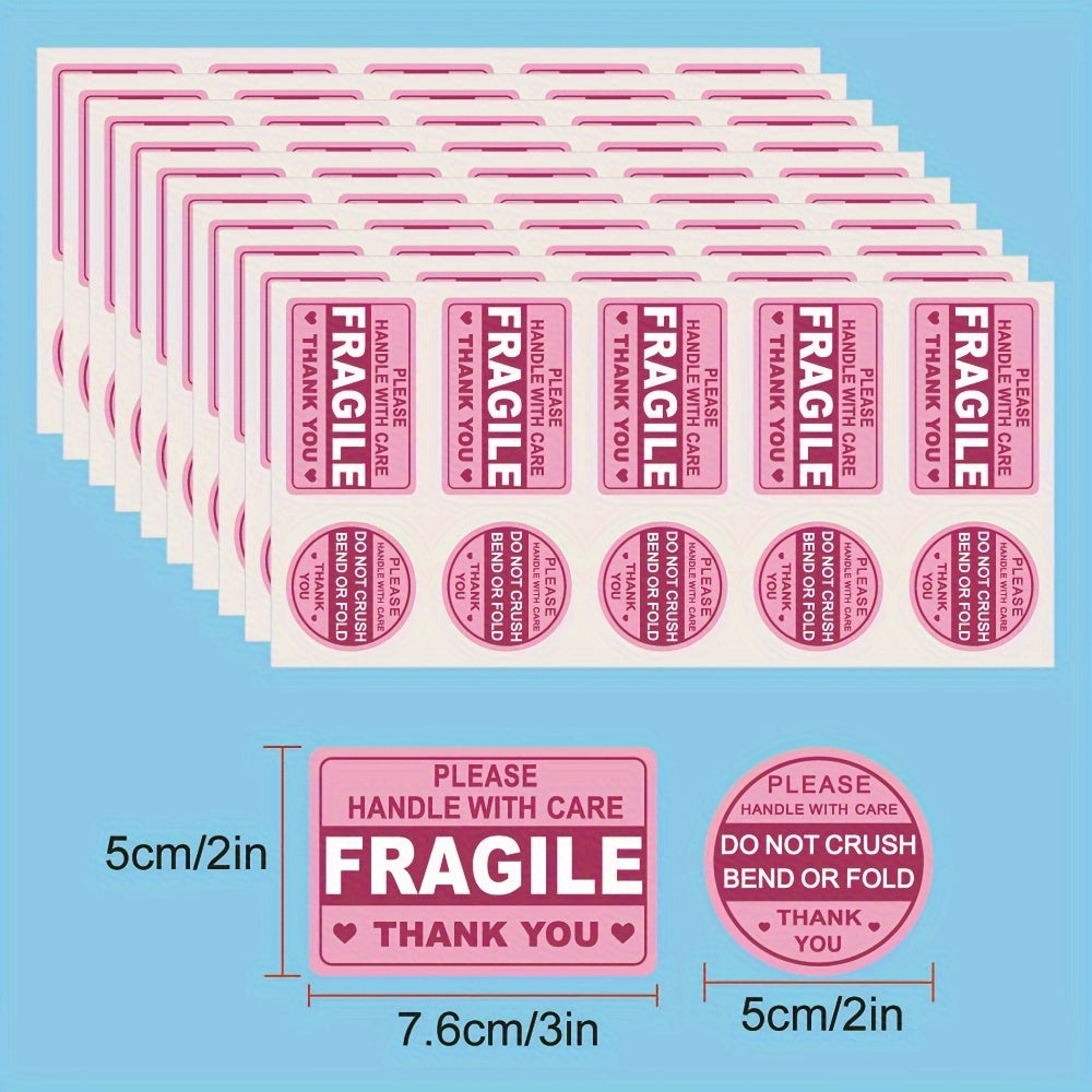100pcs Pink Reminder Label Stickers - Fragile Caution High