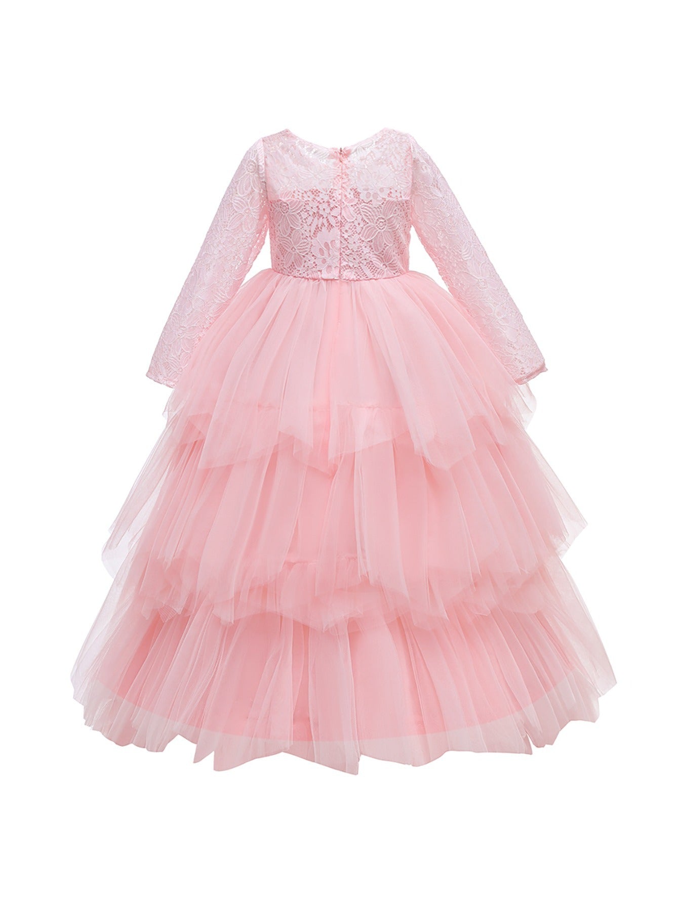 Mesh Puffy Princess Dress Girls Lace Long Sleeve Wedding Dress