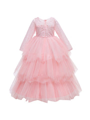 Mesh Puffy Princess Dress Girls Lace Long Sleeve Wedding Dress
