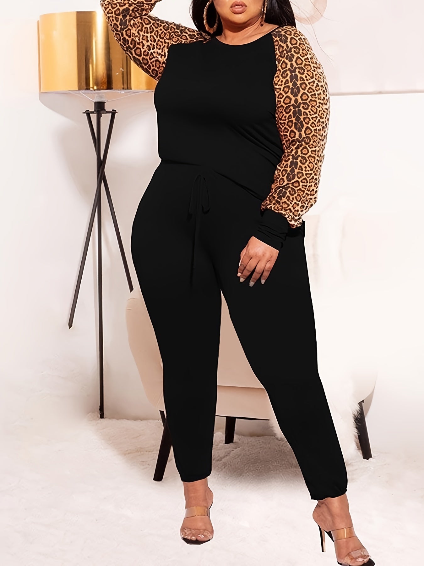 Leopard Print Pullover & Drawstring Pants Set Plus Size Long Sleeve Outfits