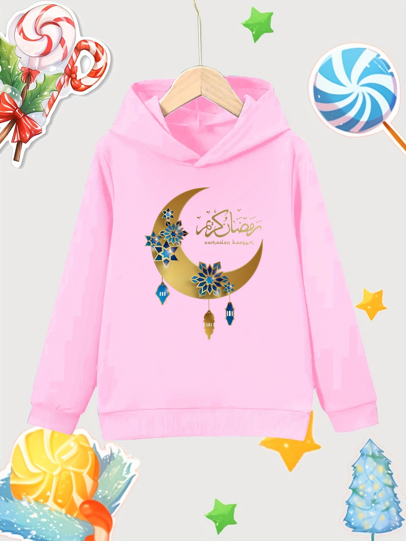 Moon Print Girls Cotton Hooded Sweatshirt for Autumn Winter