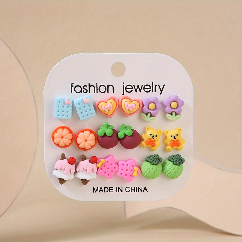 9 Pairs Small Fruit Animal Star Heart Flower Hypoallergenic Stud Earrings Set