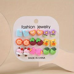 9 Pairs Small Fruit Animal Star Heart Flower Hypoallergenic Stud Earrings Set