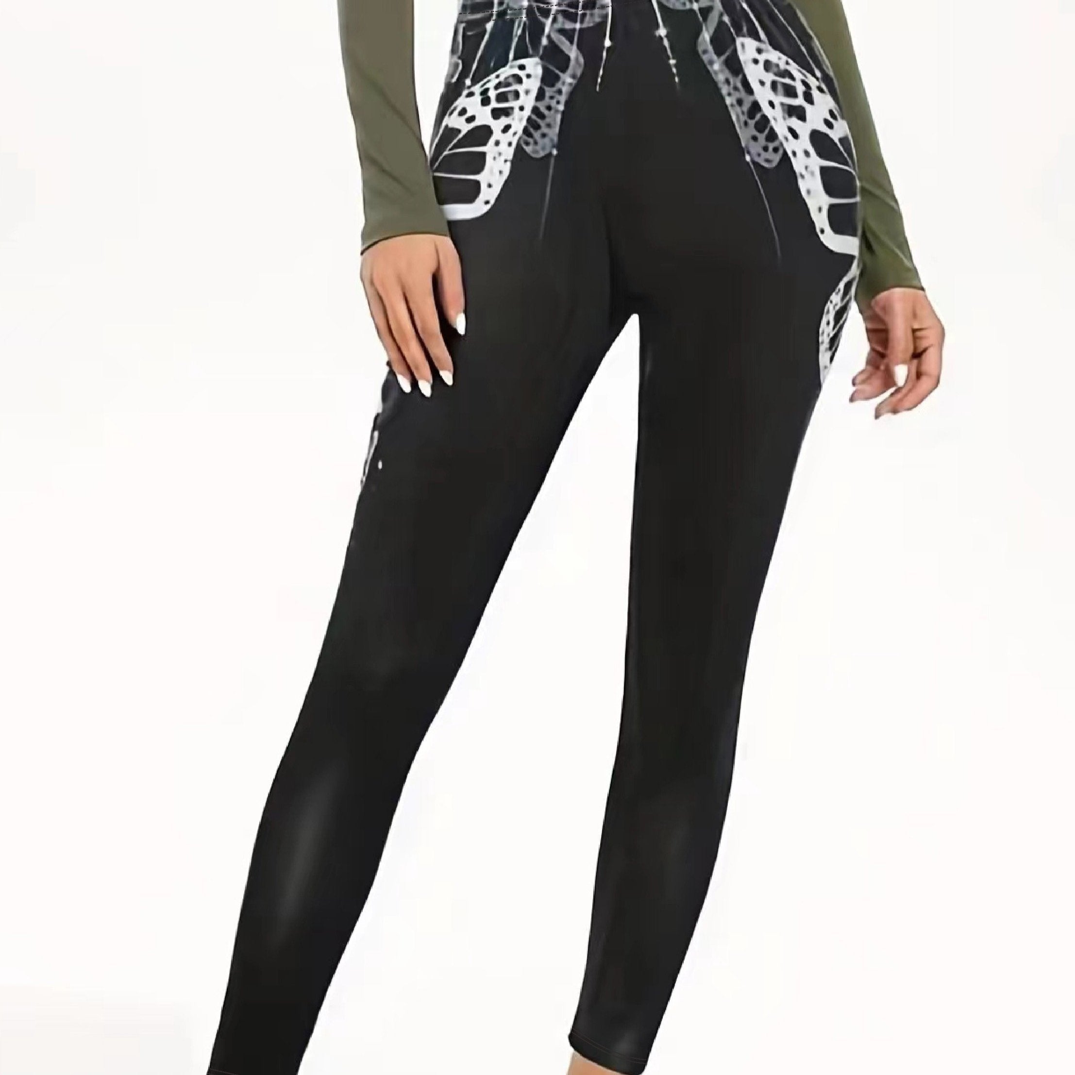 Halloween Goth Leggings Women's Plus Butterfly & Skull Print