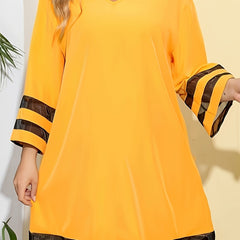 Colorblock Mesh Long Sleeve V Neck Dress