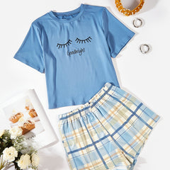Letter Print Short Sleeve Tops & Plaid Shorts Set Women's Sleepwear & Loungewear
