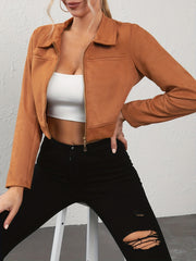 Zip Up Collar Jacket Solid Long Sleeve Outerwear