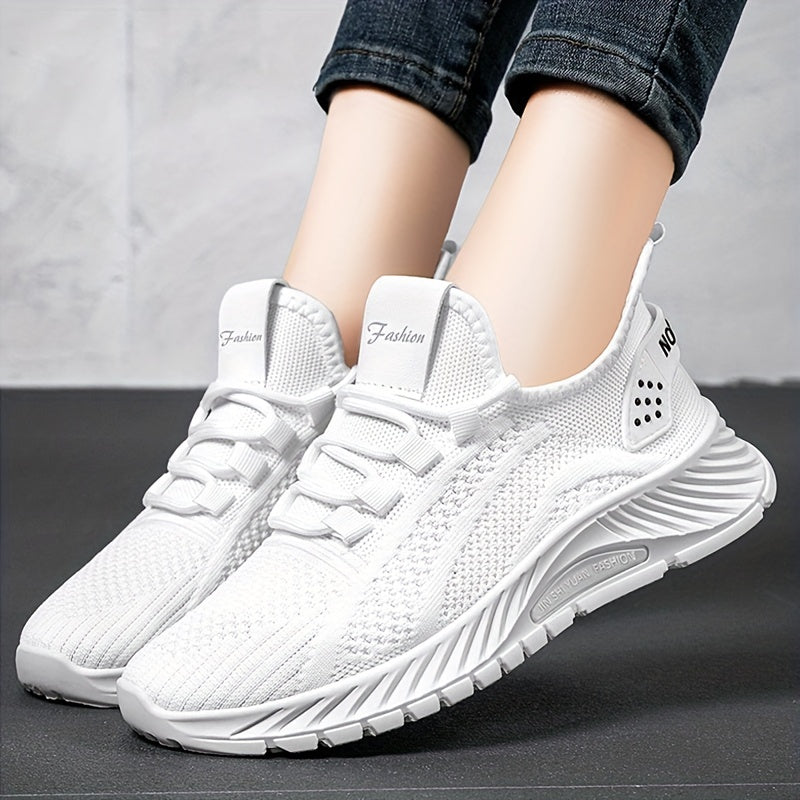 Women's Solid Knit Sneakers Lace Up Low Top Mesh Sports Shoes