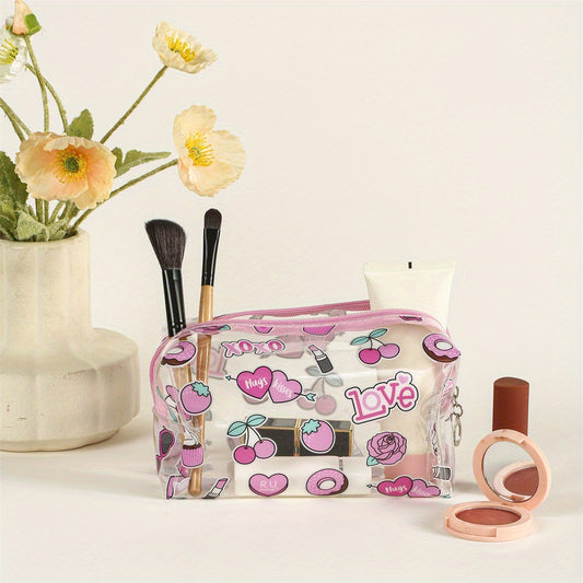 Heart Donut Pattern Makeup Bag PVC Waterproof Roomy Zipper Makeup Pouch