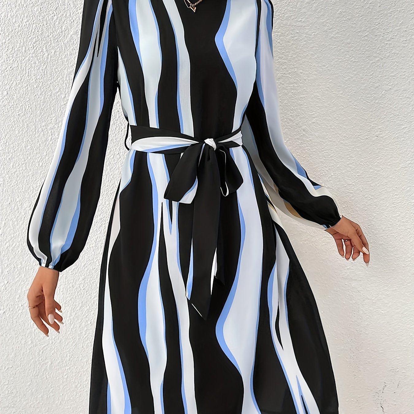 Abstract Ripple Print Dress Crew Neck Long Sleeve Dress
