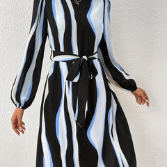 Abstract Ripple Print Dress Crew Neck Long Sleeve Dress