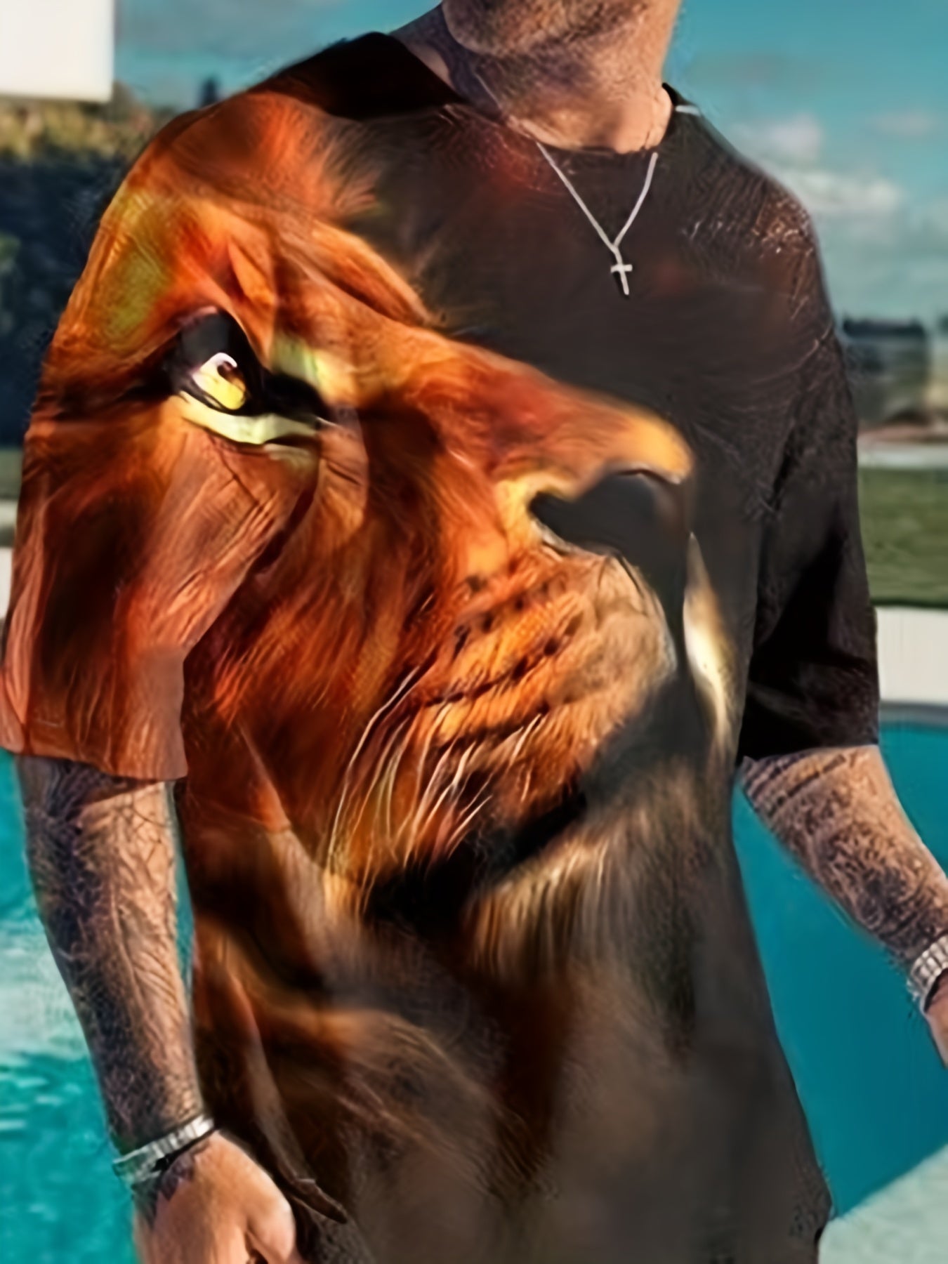 Men's Lion Graphic T-shirt & Comfy Shorts Set for Outdoor