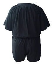 Women's Plus Size Button Up Short Sleeve Drawstring Waist Romper