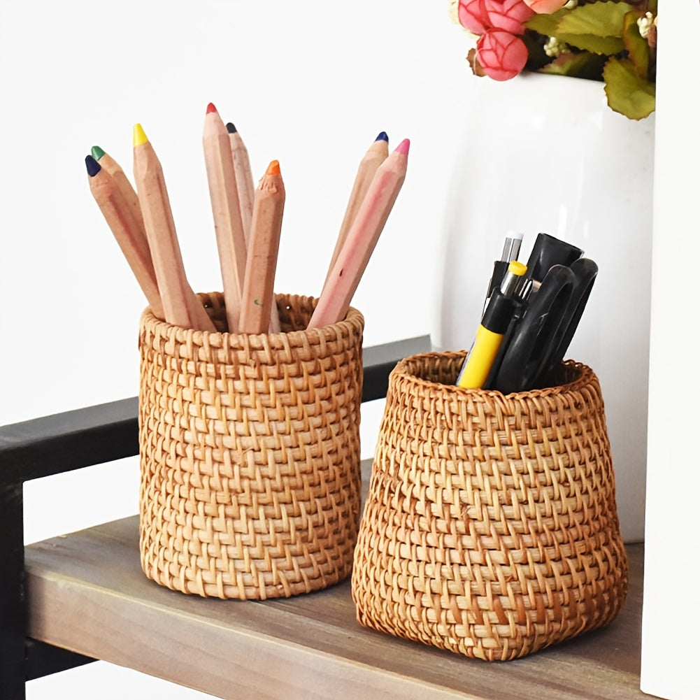 Handwoven Rattan Pen Holder Organizer Box for Home Office