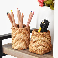 Handwoven Rattan Pen Holder Organizer Box for Home Office