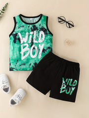 Boy's Tank Top & Shorts Set WILD BOY Tie Dye Print Casual Summer Clothes