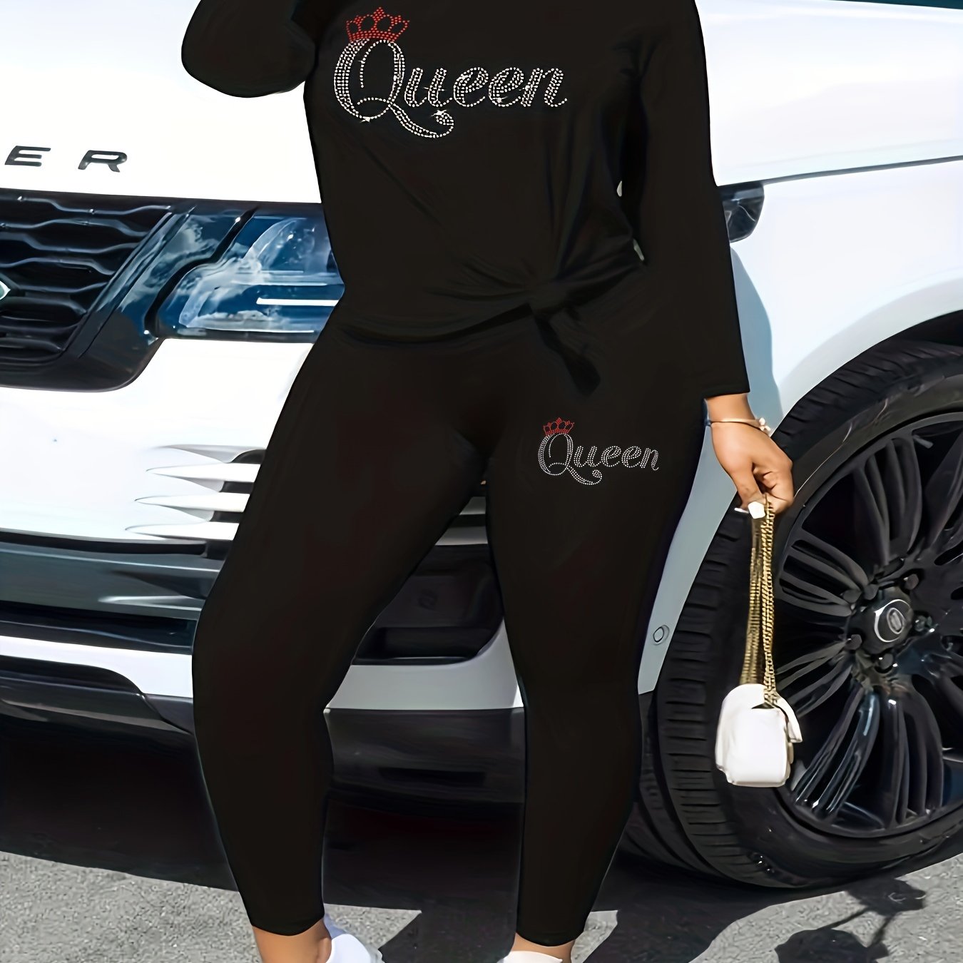 Women's Plus Glitter Letter & Crown Print Top & Pants Set