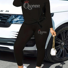 Women's Plus Glitter Letter & Crown Print Top & Pants Set