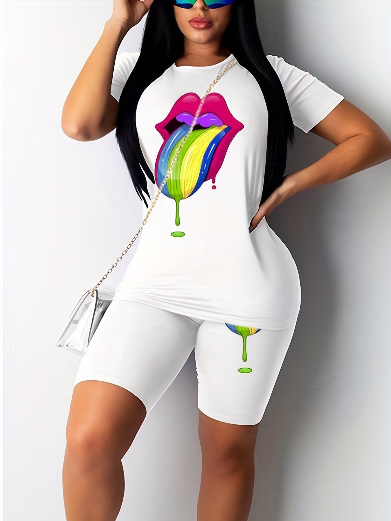 Eye Print Casual Two piece Set Tee & Shorts Outfits