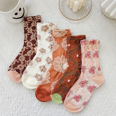 5 Pairs 3D Floral Textured Socks Retro Style Mid Tube Socks