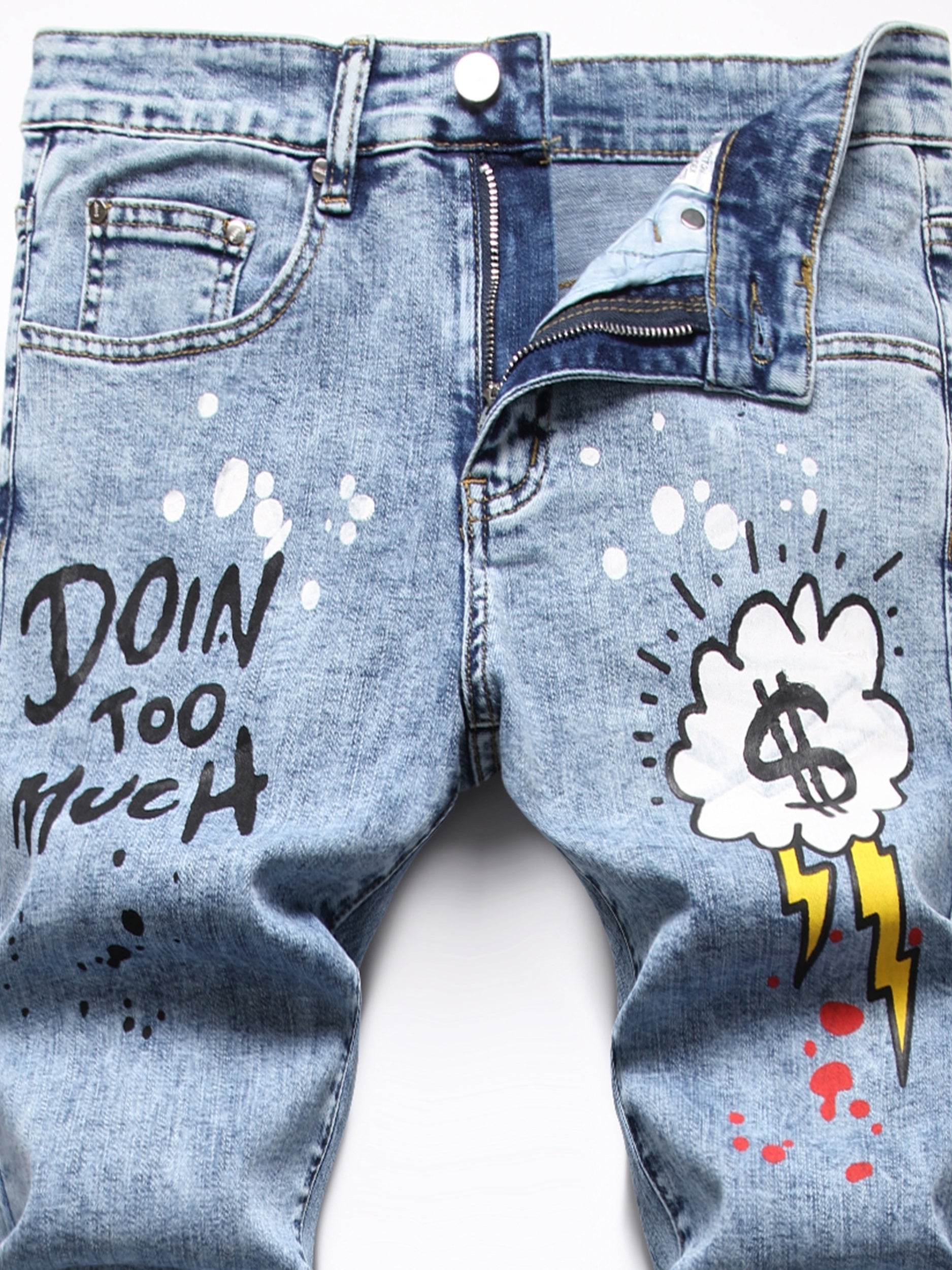 Graphic Print Slim Fit Jeans Men Casual Street Style Stretch Denim Spring