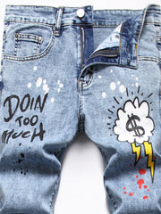 Graphic Print Slim Fit Jeans Men Casual Street Style Stretch Denim Spring