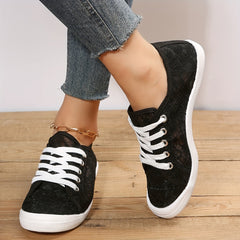 Women's Black Mesh Sneakers Lace Up Flat Shoes