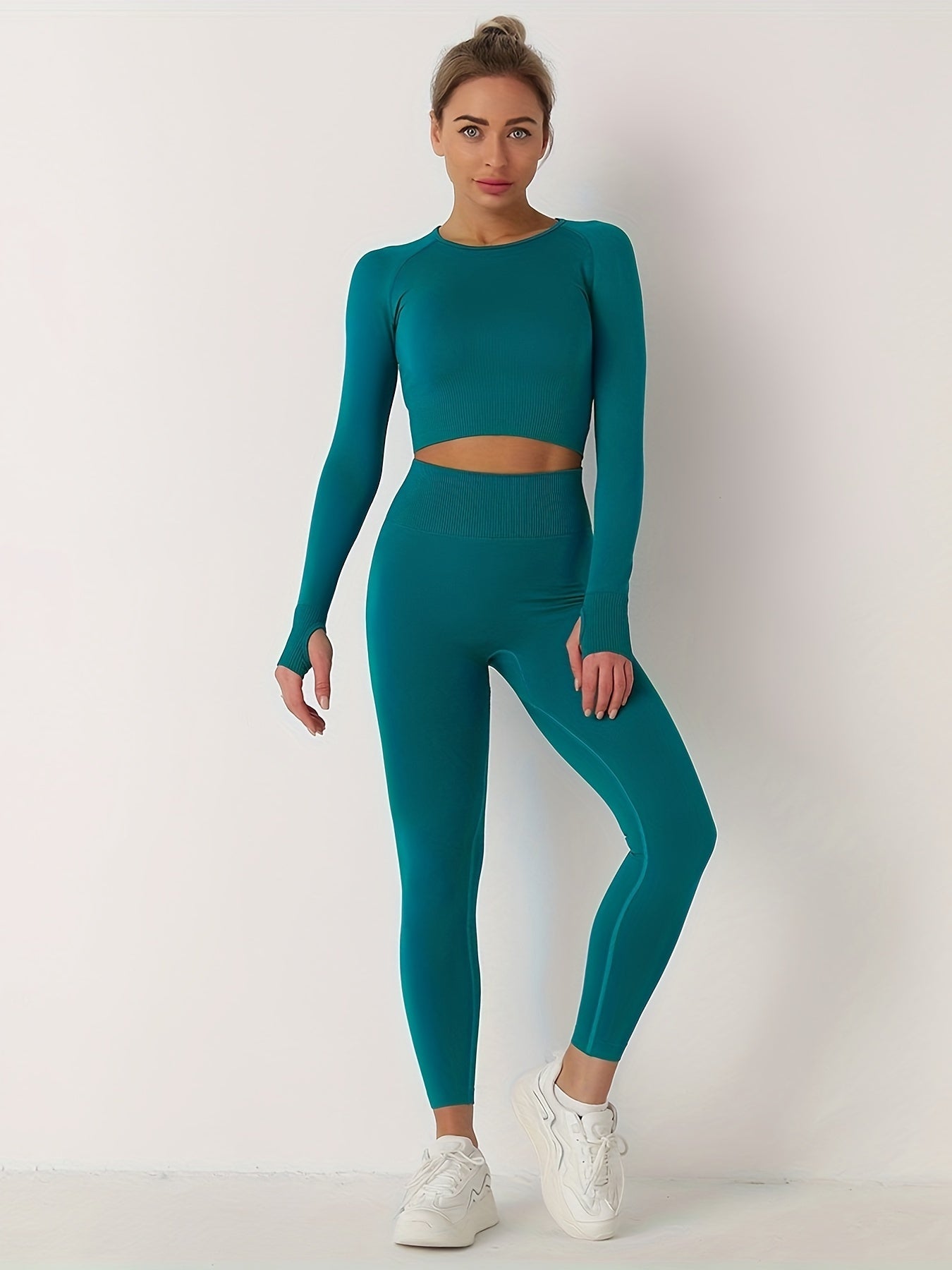 2Pcs Seamless Yoga Suit Long Sleeve Top & High Waist Leggings Set