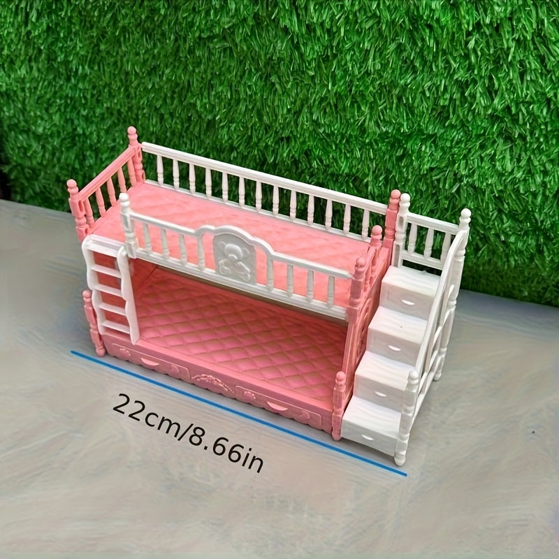 Pink Double Bed with Stairs for Princess Room Dollhouse