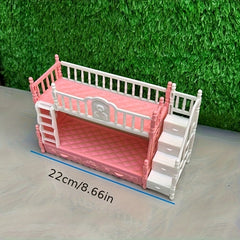 Pink Double Bed with Stairs for Princess Room Dollhouse
