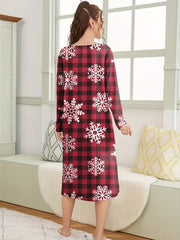 Snowflake Print NightDress Christmas Long Sleeve Plaid Pajama Dress