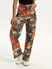 Bird Print Cargo Jeans Street Casual Style Denim Pants