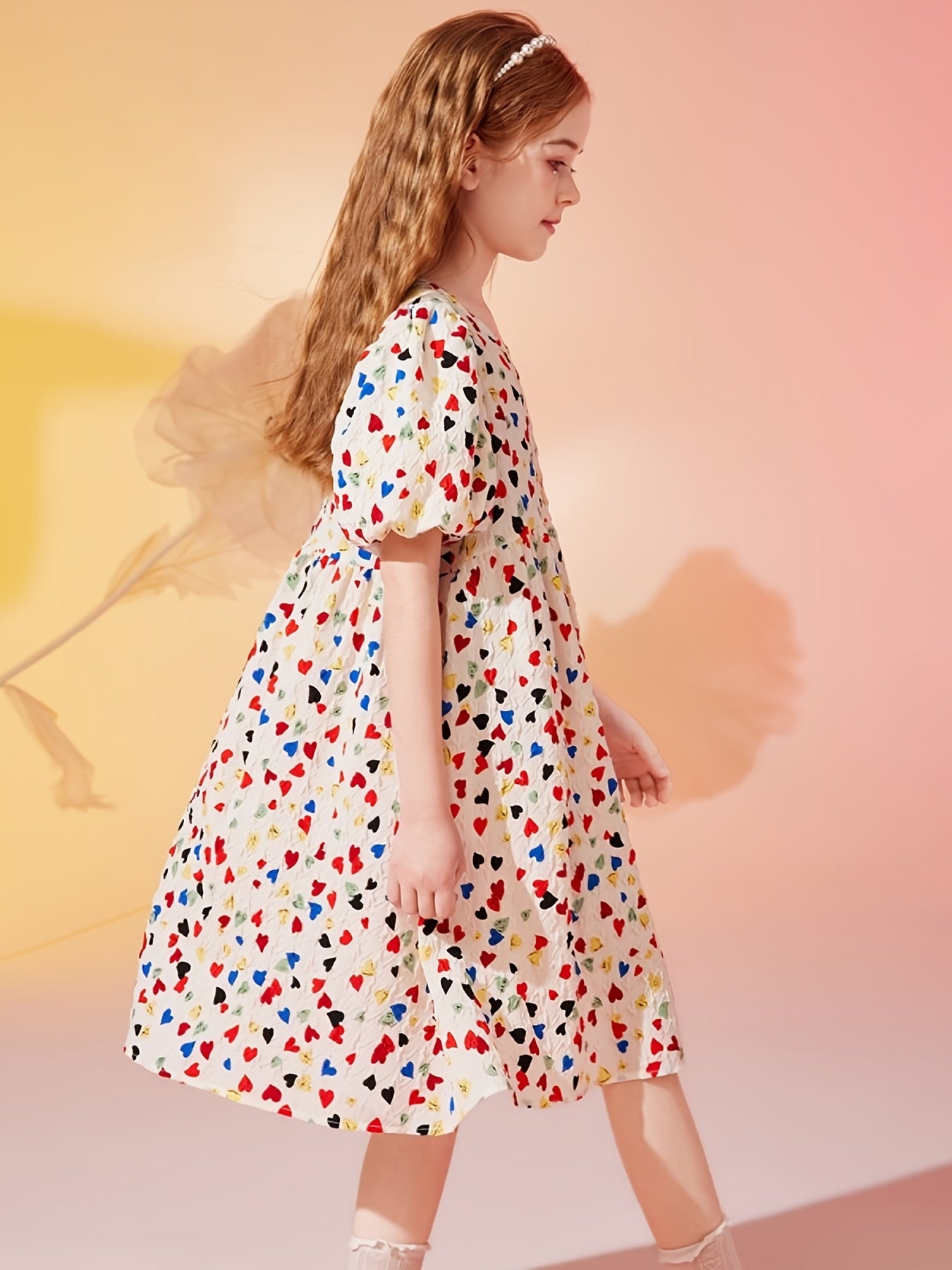 Girls Heart Print Floral Princess Dress