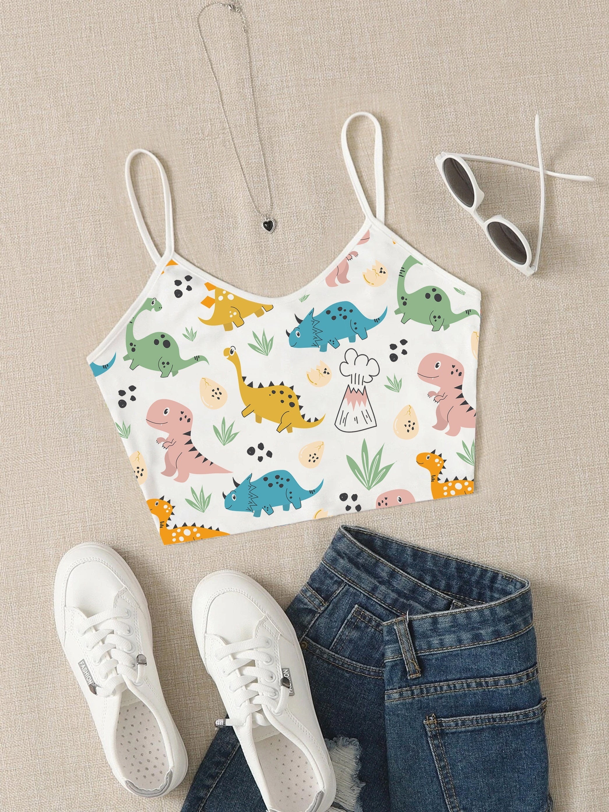 Dinosaur Print Crop Cami Top V Neck Spaghetti Strap Top